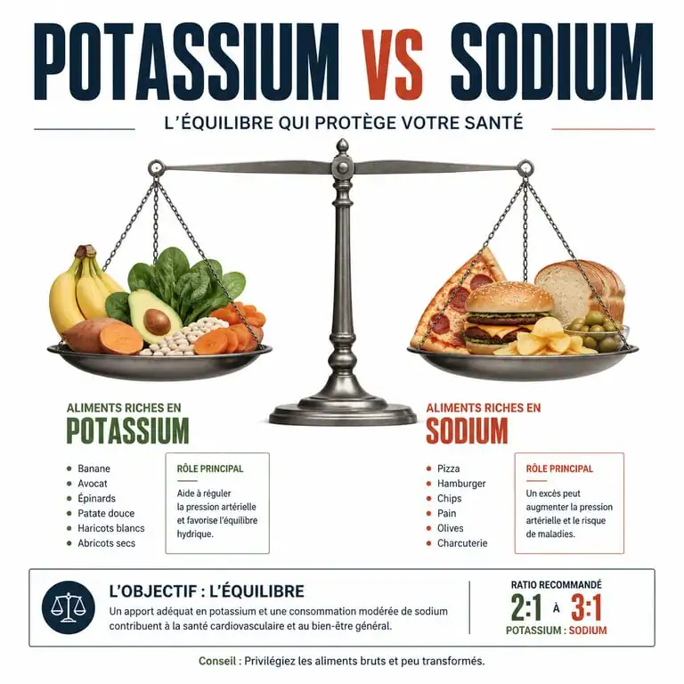 Infographie sur l'équilibre sodium-potassium pour lutter contre la rétention d'eau