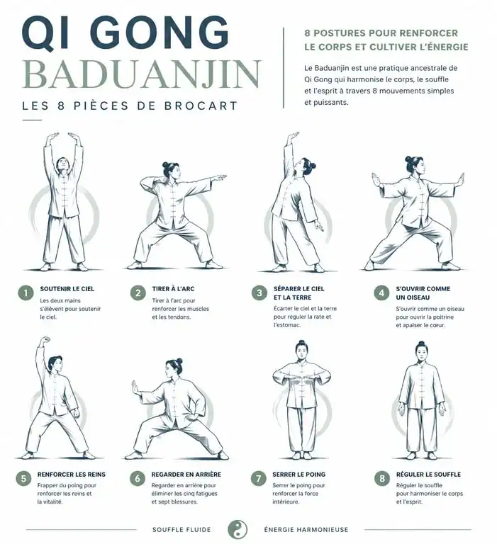 Illustration des 8 postures du Qi Gong Baduanjin pour la pratique quotidienne