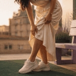 basket blanche femme tendance 2025 terrasse robe crème