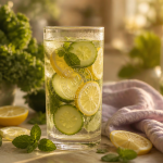 boisson pour ventre plat sur table avec citron et menthe