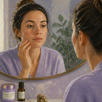 Boutons de stress sur le visage femme miroir