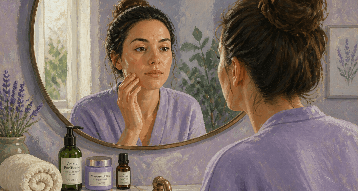 Boutons de stress sur le visage femme miroir