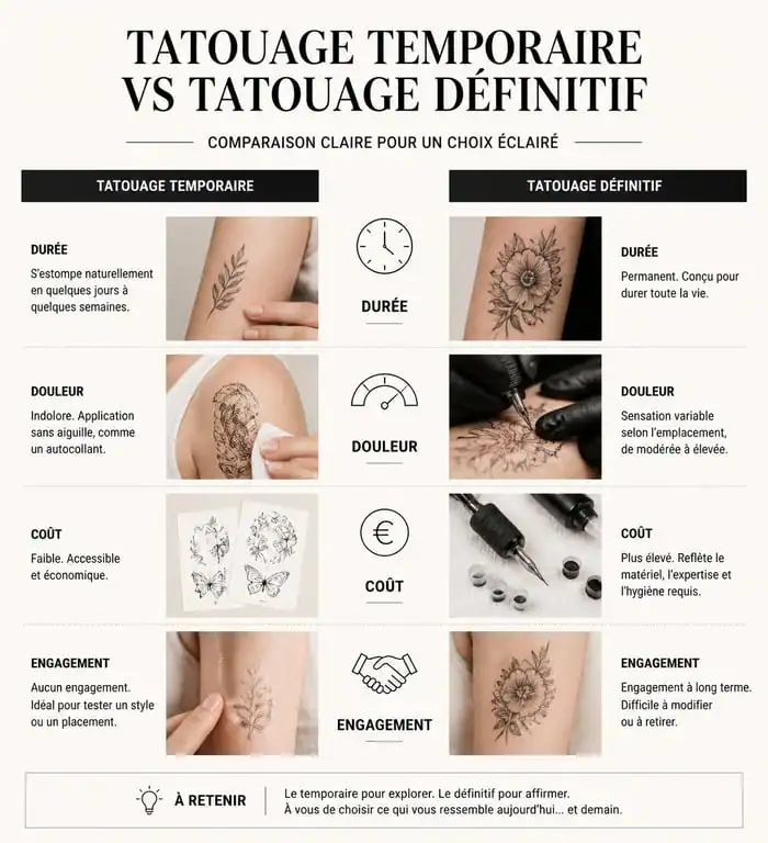 Infographie comparative : tatouage temporaire vs tatouage définitif pour femme