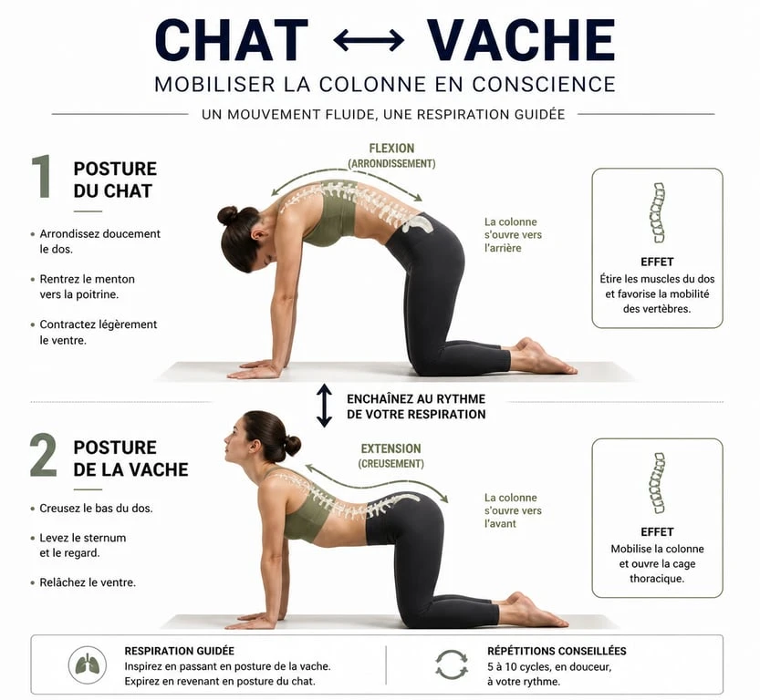 Infographie illustrant la posture du chat et de la vache en yoga pour soulager le dos