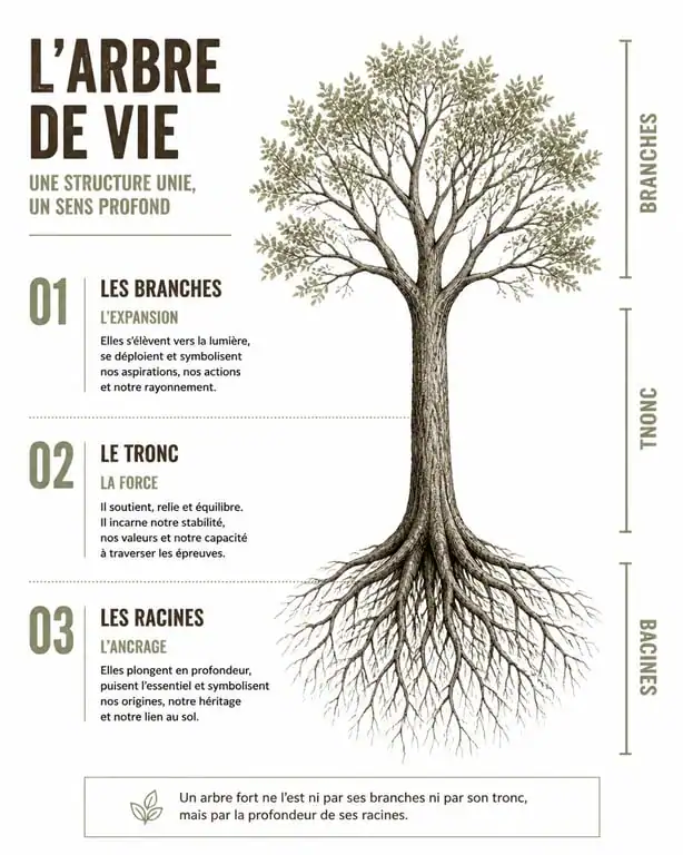 Infographie explicative de la signification du tatouage arbre de vie : racines, tronc et branches