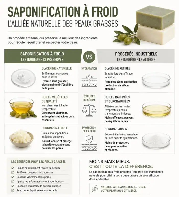 Infographie sur les bienfaits de la saponification à froid pour le choix d'un savon pour peau grasse