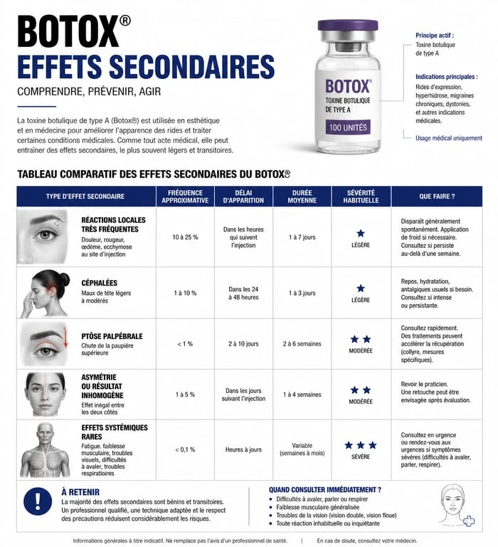 Infographie des effets secondaires du Botox : fréquence et durée des réactions