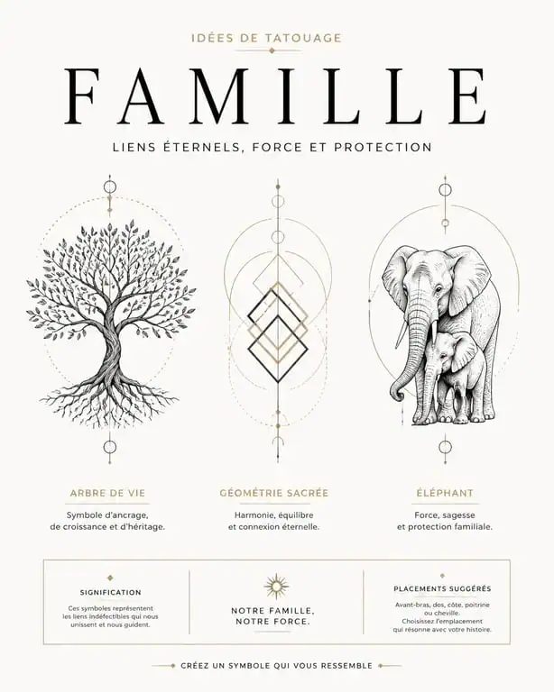 Exemples de motifs pour un tatouage qui signifie la famille : arbre de vie, symboles géométriques et animaux totems.