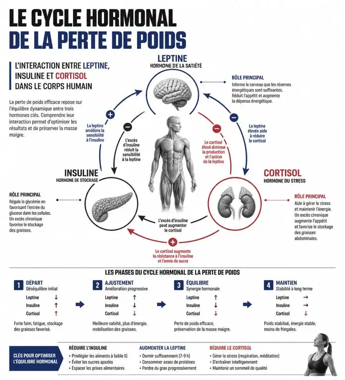 Infographie explicative des blocages hormonaux et métaboliques empêchant la perte de poids