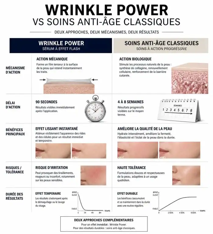 Comparatif des effets et risques entre le sérum Wrinkle Power et les soins anti-âge classiques pour la santé de la peau