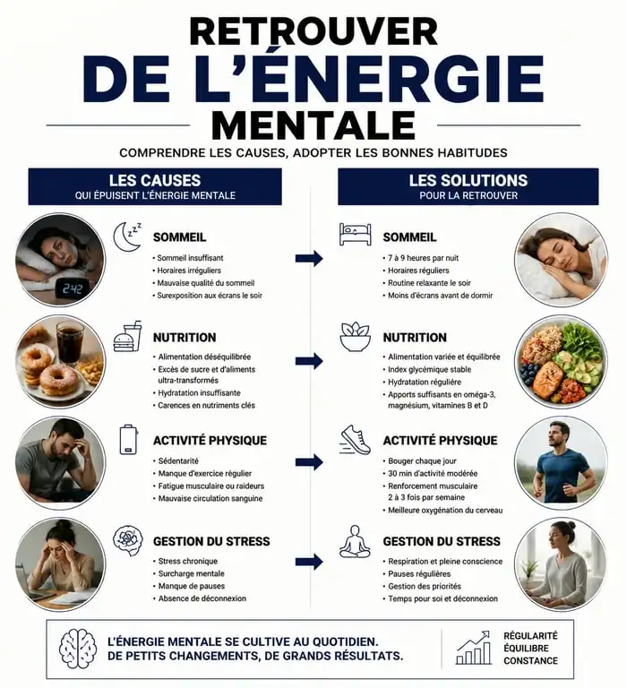 Infographie sur les solutions pour retrouver de l'énergie mentale et combattre la fatigue cognitive