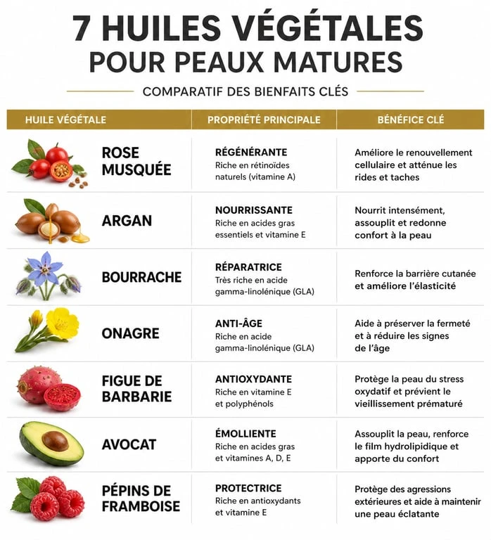 Infographie comparative des meilleures huiles visage pour peau mature : Rose Musquée, Argan, Figue de Barbarie et autres.