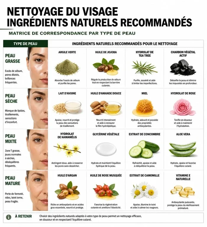 Tableau récapitulatif des ingrédients de savon pour le visage selon le type de peau