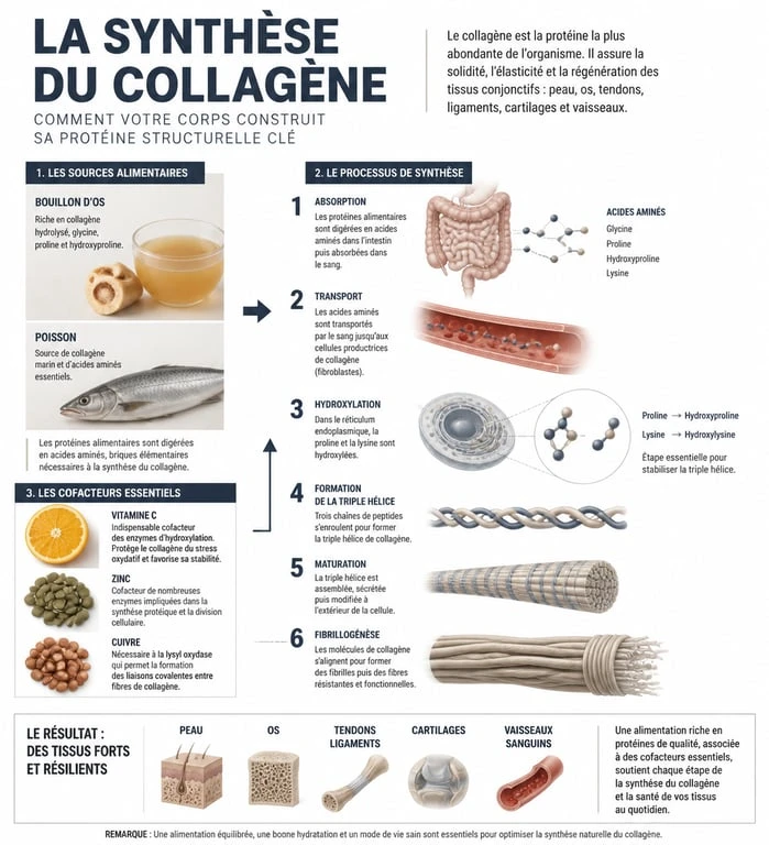 Infographie sur les aliments riches en collagène et les nutriments nécessaires à sa synthèse
