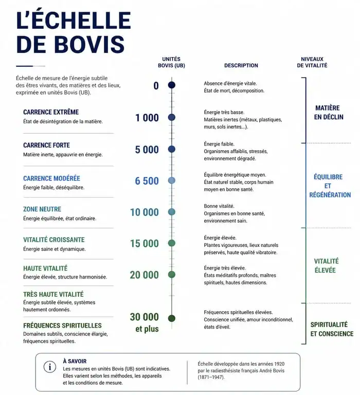 Infographie de l'échelle de Bovis pour mesurer le taux vibratoire et la vitalité