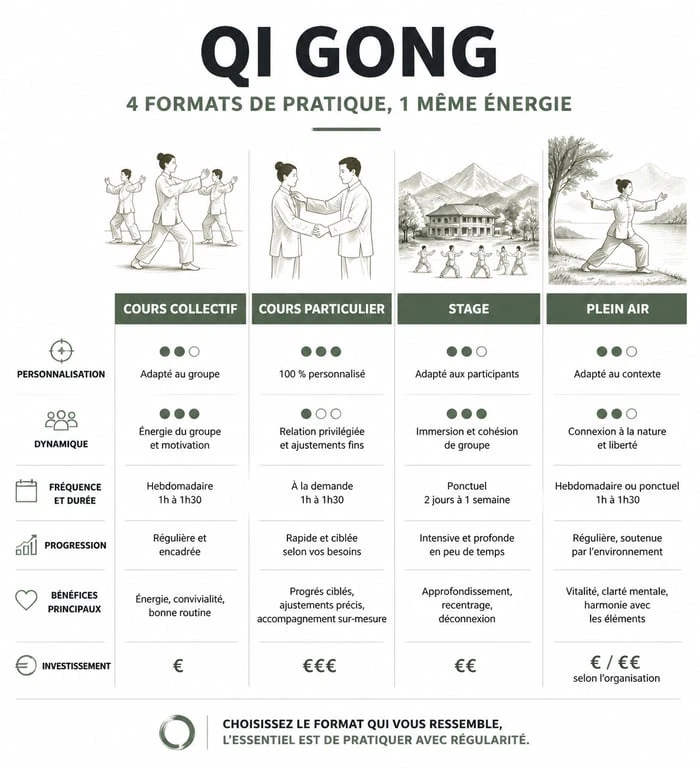 Infographie comparative des formats de pratique du Qi Gong pour choisir son cours