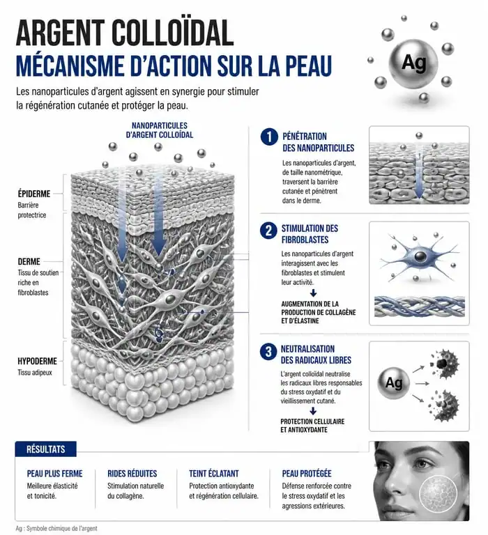 Infographie expliquant le mécanisme d'action de l'argent colloïdal anti-rides sur la peau