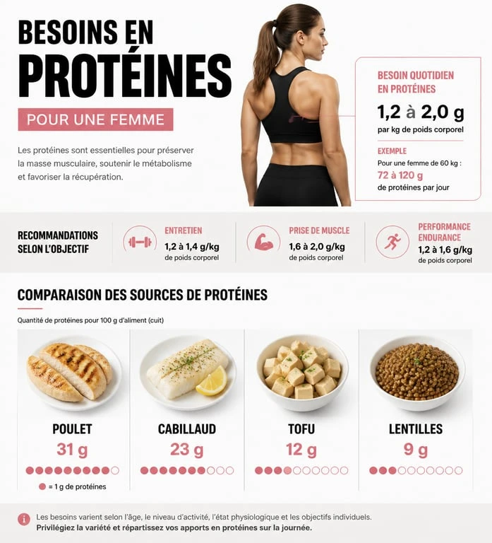 Infographie sur les besoins en protéines par jour pour une femme pour maigrir et sources alimentaires