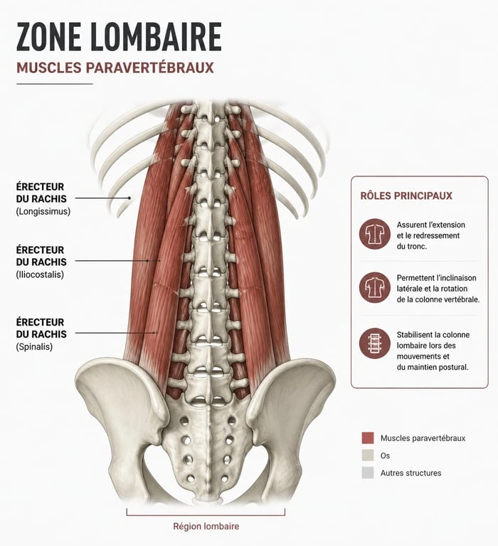 Schéma anatomique des muscles paravertébraux pour le massage du bas du dos