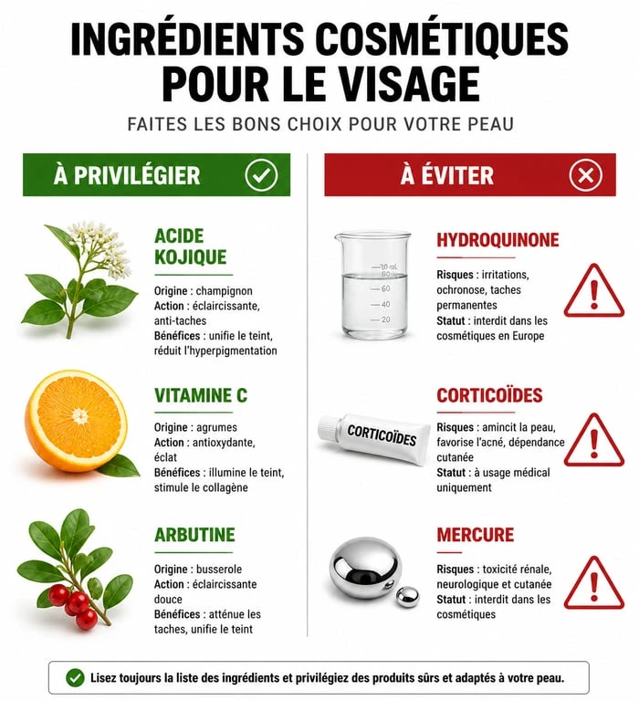 Infographie des ingrédients pour crème éclaircissante visage : actifs naturels à privilégier et substances dangereuses à éviter.