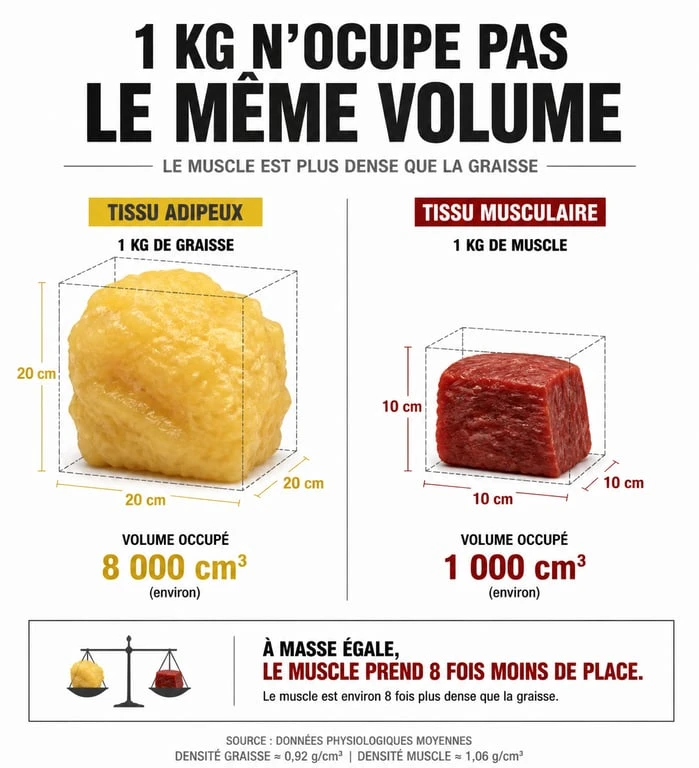 Infographie illustrant la différence de volume entre le muscle et la graisse pour comprendre pourquoi on ne perd pas de poids mais on s'affine.
