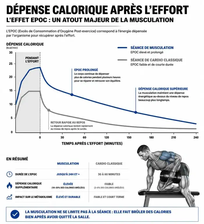 Graphique comparatif de la dépense calorique : musculation vs cardio et effet EPOC pour maigrir par la musculation