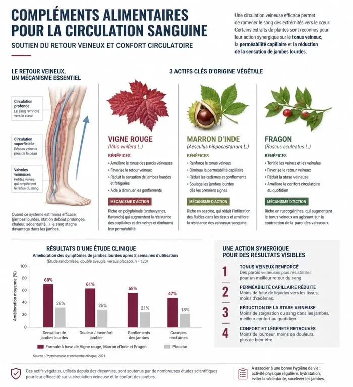 Infographie sur les meilleurs compléments alimentaires pour la circulation sanguine et leurs bienfaits