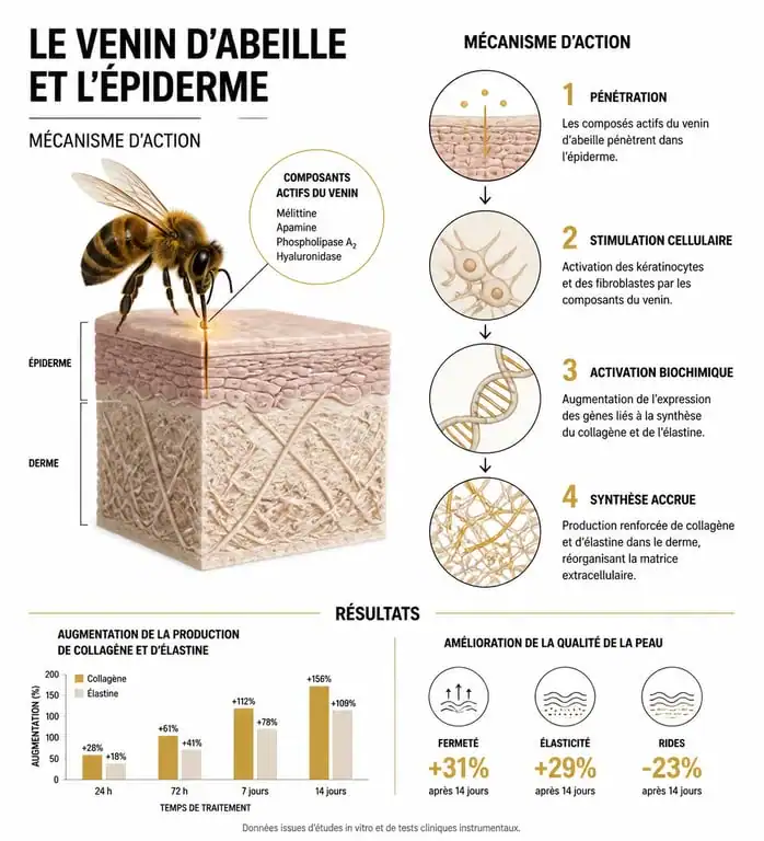 Schéma scientifique du mécanisme d'action de la crème au venin d'abeille sur la peau