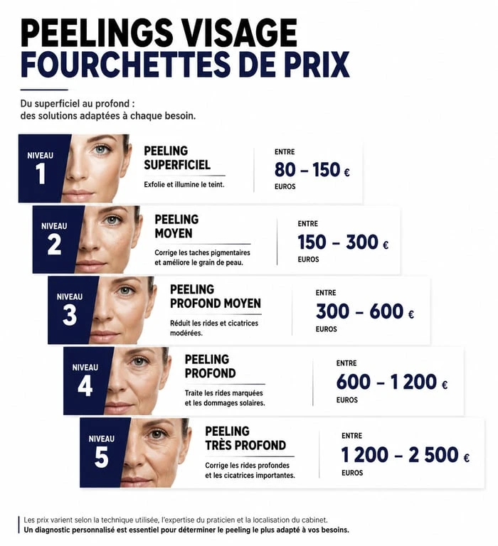 Infographie des prix moyens d'un peeling visage selon la profondeur du traitement