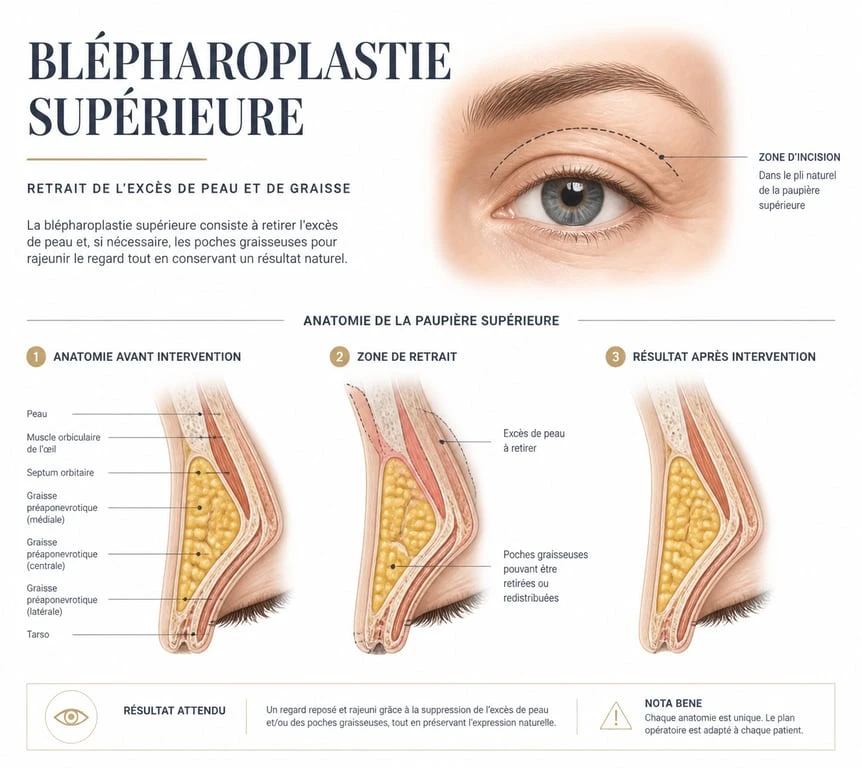 Schéma explicatif de la blépharoplastie pour corriger les paupières tombantes