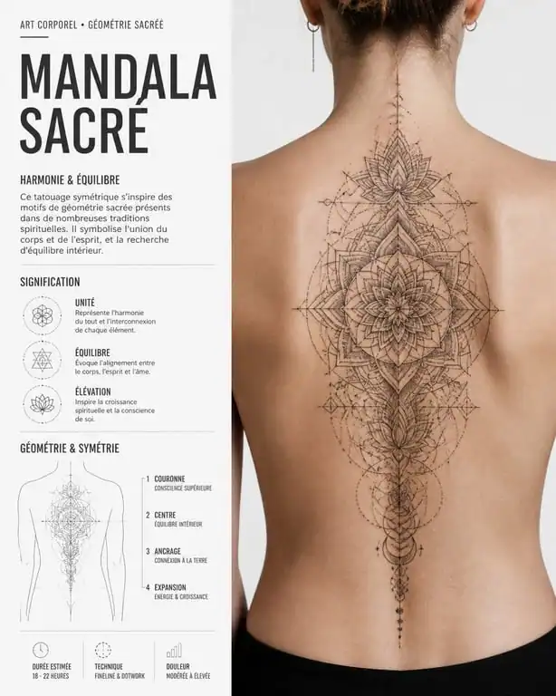 Tatouage ornemental complexe avec motifs géométriques et mandala sur le dos
