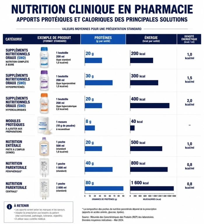 Comparatif des protéines pour grossir en pharmacie : apports caloriques et protéiques des solutions de nutrition clinique