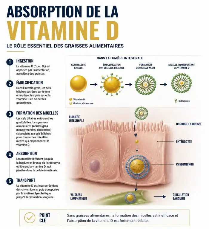 Infographie expliquant le mécanisme d'absorption de la vitamine D avec les graisses alimentaires