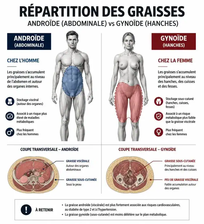 Schéma comparatif de la répartition des graisses androïde et gynoïde pour la perte de poids homme