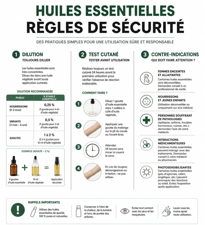Infographie sur les règles de sécurité et comment utiliser une huile essentielle en toute sécurité