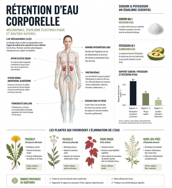 Infographie sur les solutions naturelles anti rétention d eau puissant et mécanismes biologiques