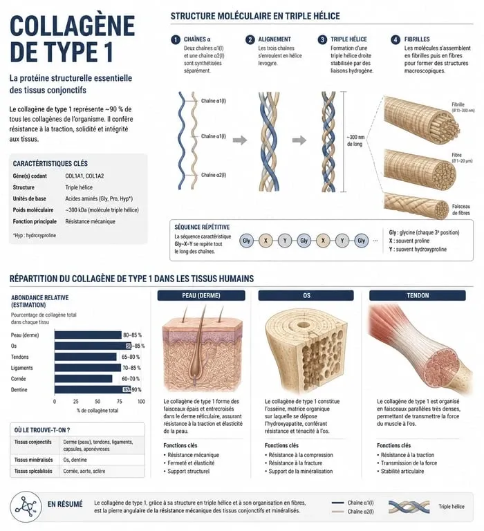 Infographie montrant la structure en triple hélice et les rôles du collagène de type 1 dans le corps humain