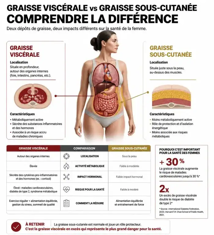 Schéma explicatif de la répartition de la masse grasse femme en kg : graisse viscérale vs sous-cutanée