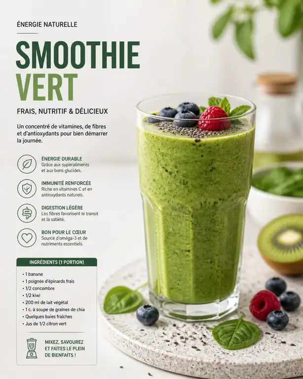 Smoothie perte de poids aux épinards, kiwi et graines de chia dans un verre