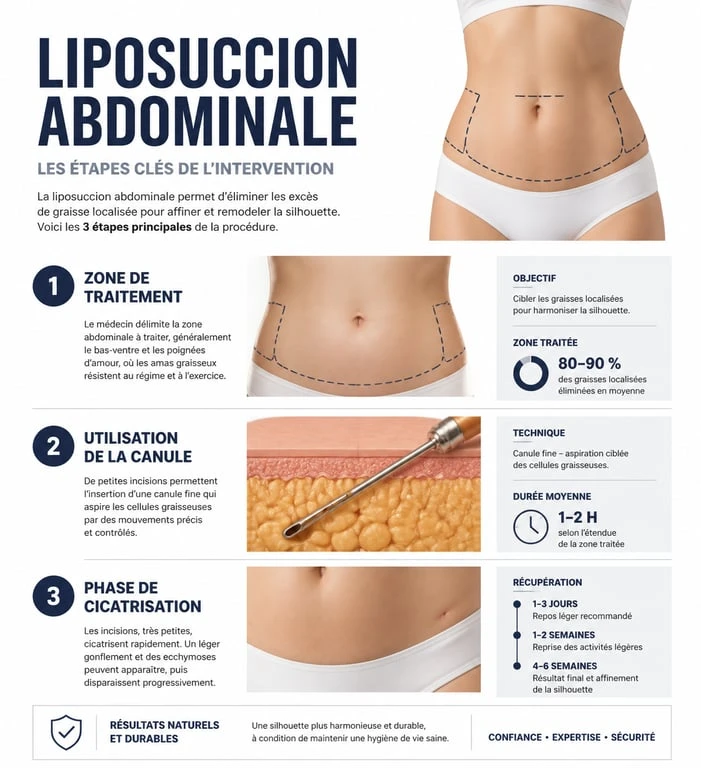 Schéma explicatif des étapes de la liposuccion du ventre pour un résultat avant après optimal