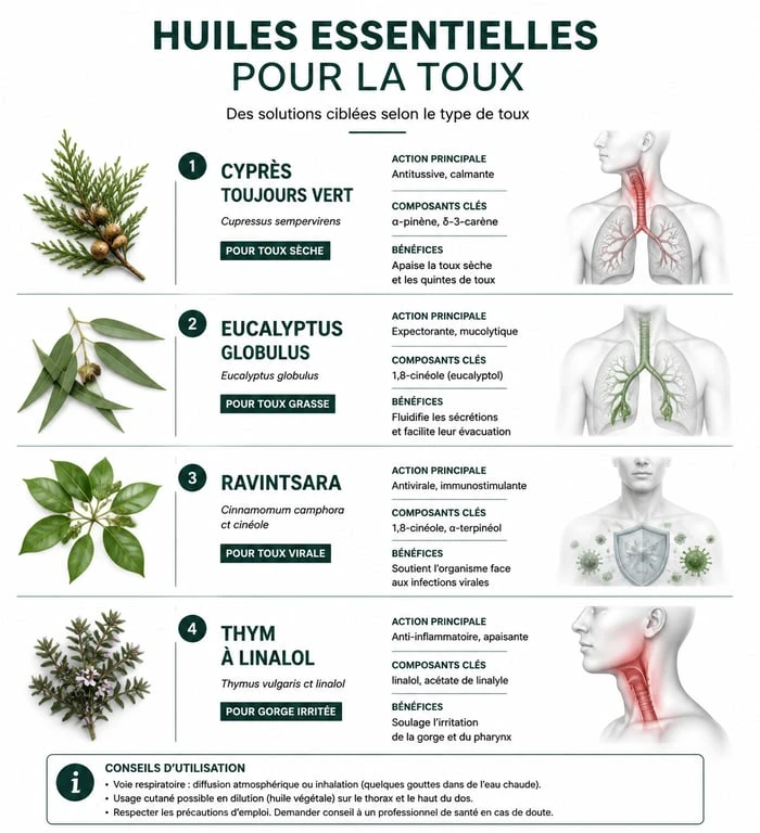 Infographie des huiles essentielles pour la toux sèche et grasse