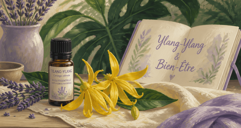 huile essentielle ylang ylang bienfaits flacon et fleurs