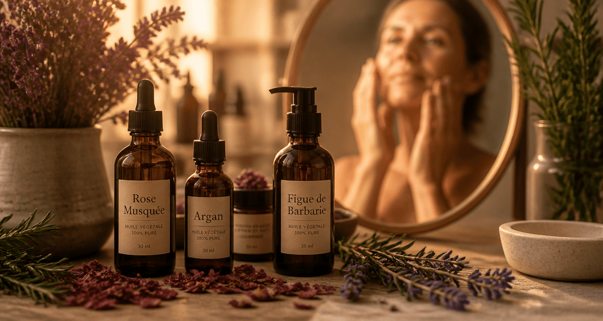 meilleure huile visage peau mature flacons sur table