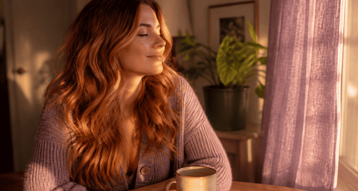 Femme cheveux couleur roux caramel reflets dorés
