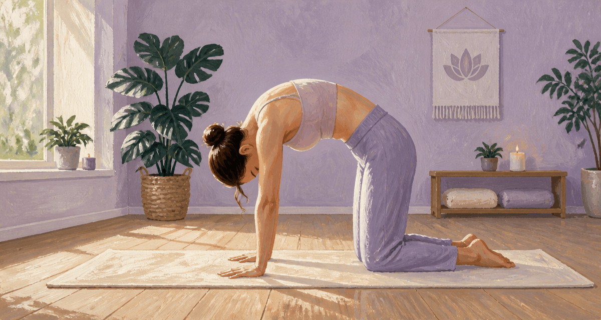 Femme posture du chat en yoga sur tapis