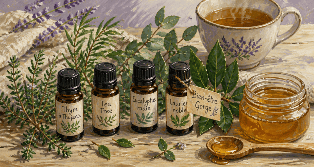 quelle huile essentielle pour le mal de gorge, flacons et plantes sur table