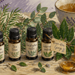 quelle huile essentielle pour le mal de gorge, flacons et plantes sur table