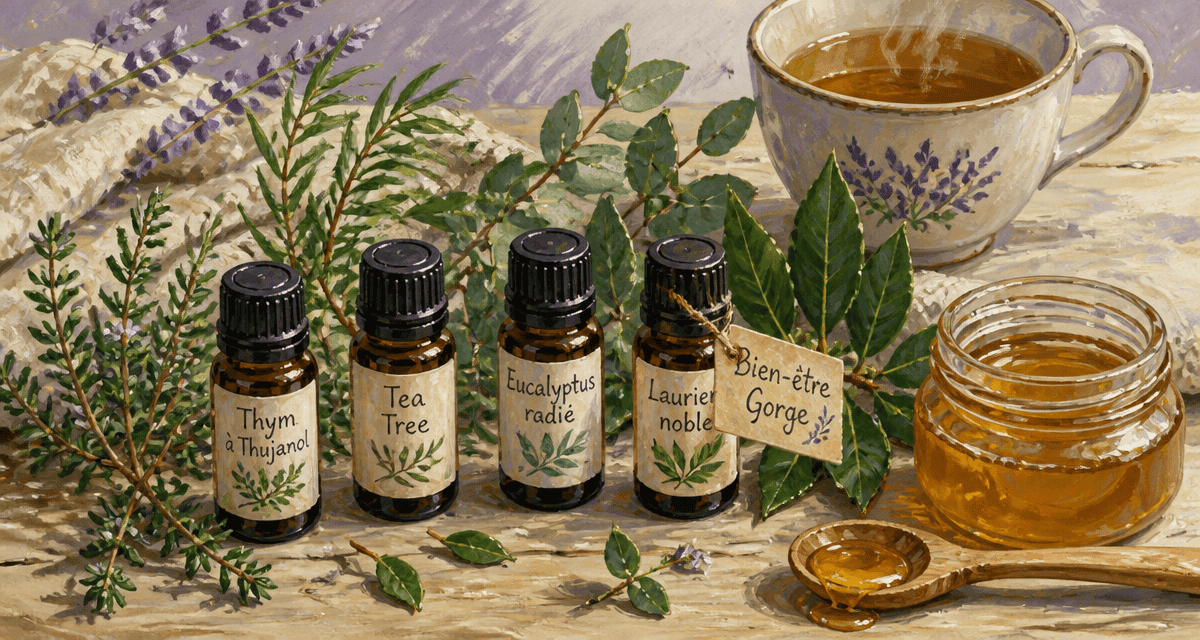 quelle huile essentielle pour le mal de gorge, flacons et plantes sur table