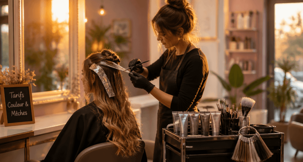 tarif couleur et mèches sur cliente en salon