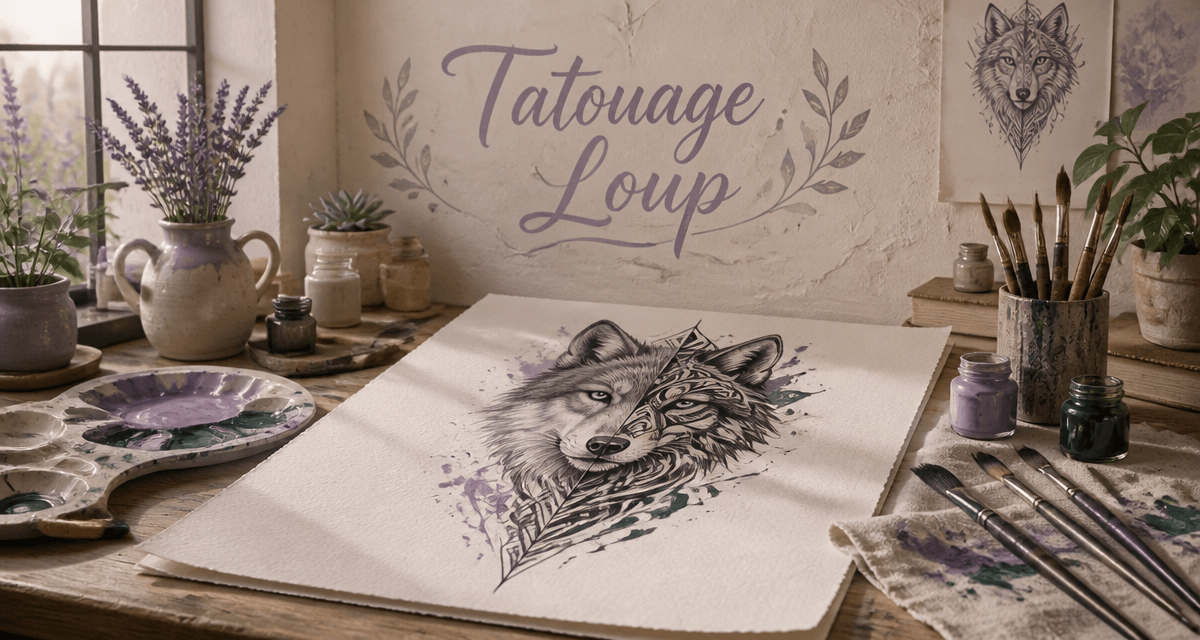 tatouage loup esquisse artistique sur table